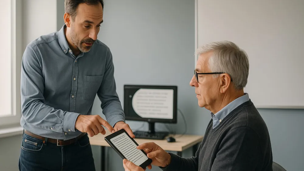 Un formateur montre à une personne âgée comment utiliser une tablette avec un texte agrandi.